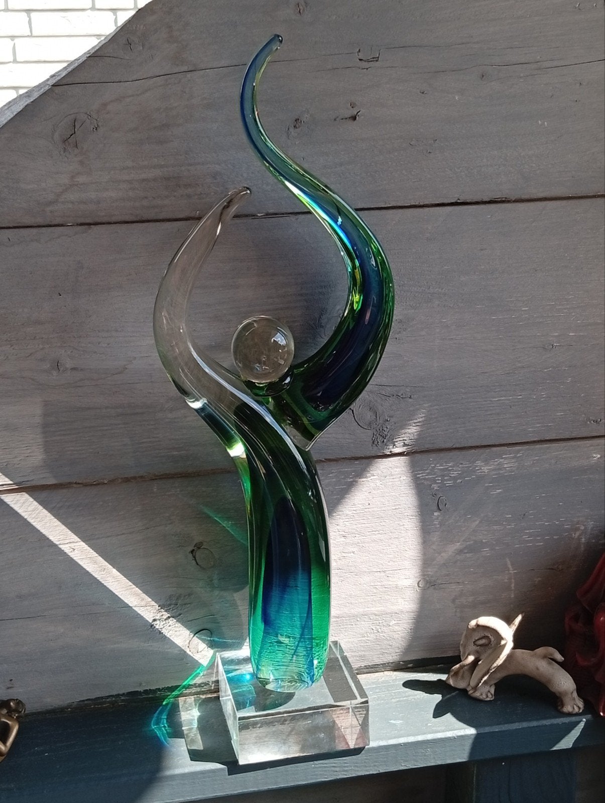Abstract Glazen Sculptuur - Groen/Blauw, Glas, Ophalen of Verzenden, 20 - 50 cm, Op sokkel