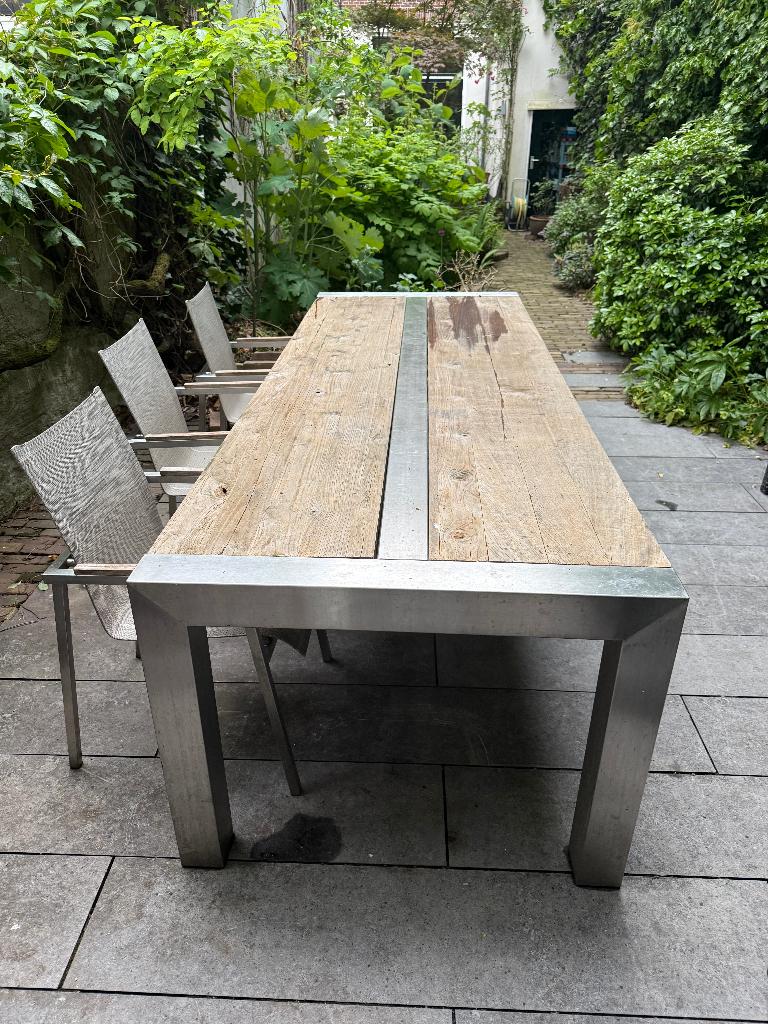 Grote buitentafel RVS-frame met teak blad, bank en 3 stoelen, Ophalen, Zo goed als nieuw, Rechthoekig, Overige materialen