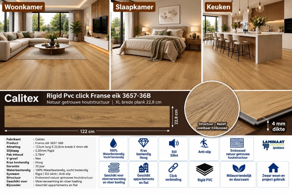 Pvc click Franse eik €17,95m2 XL Plank 22,8cm brede plank, Bruin, Pvc vloer click Franse warme eiken kleur, 75 m² of meer, Nieuw