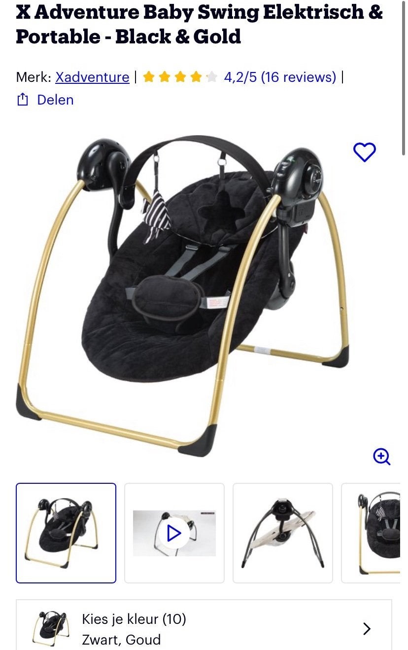X Adventure Baby Swing Elektrisch & Portable - Zwart/Goud, Ophalen of Verzenden, Gebruikt