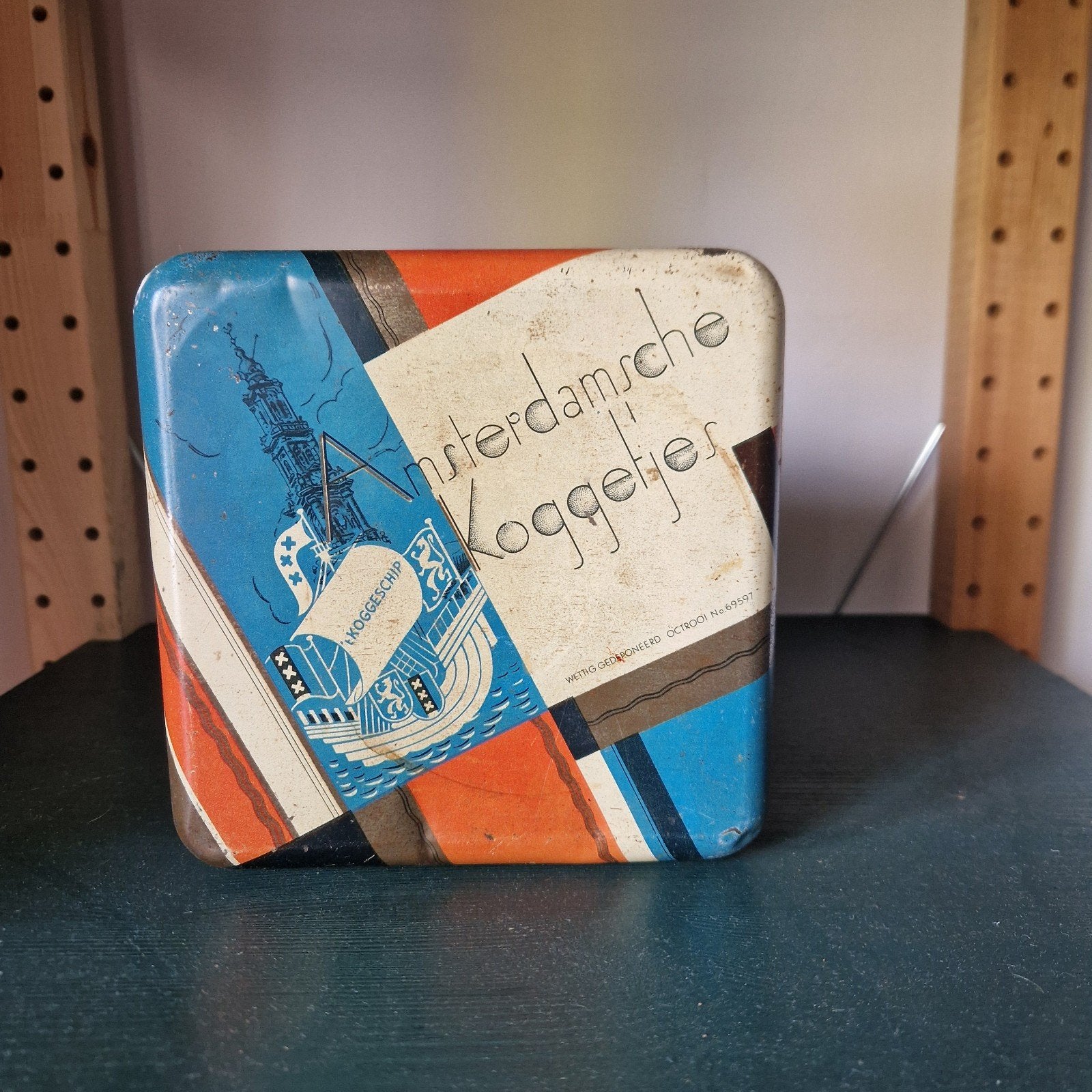 Vintage blikken trommel 'Amsterdamse Koggeljes' - Verkade, Ophalen of Verzenden, Gebruikt, Koek(jes), Verkade
