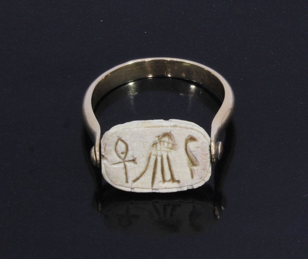 Scarabee 14k goud vintage dame ring unisex hieroglyf antiek, Ophalen of Verzenden, Goud, Ring, Met edelsteen