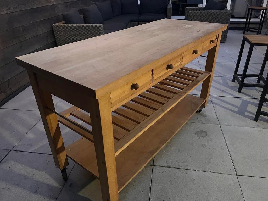Eikenhouten keukentafel/werkbank op wielen met lades, Ophalen, Gebruikt, 100 tot 150 cm, Eikenhout
