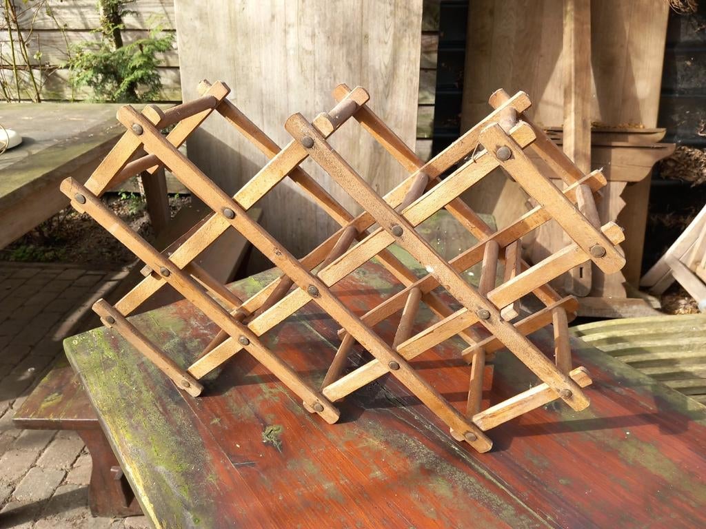 Vintage Houten accordeon Wijnrek, Opvouwbaar, Gebruikt, 5 tot 15 flessen, Ophalen of Verzenden, Minder dan 50 cm