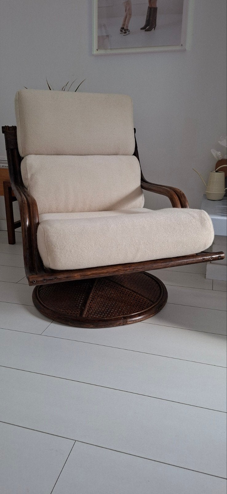 Prachtige vintage draaifauteuil | Rotan & hout | Crème kusse, Ophalen, Gebruikt, Eenpersoons, Minder dan 75 cm
