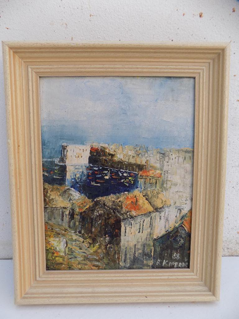 Schilderij mediteraans gesigneerd 1980 baai boten huizen, Ophalen of Verzenden, Gebruikt, Ingelijst