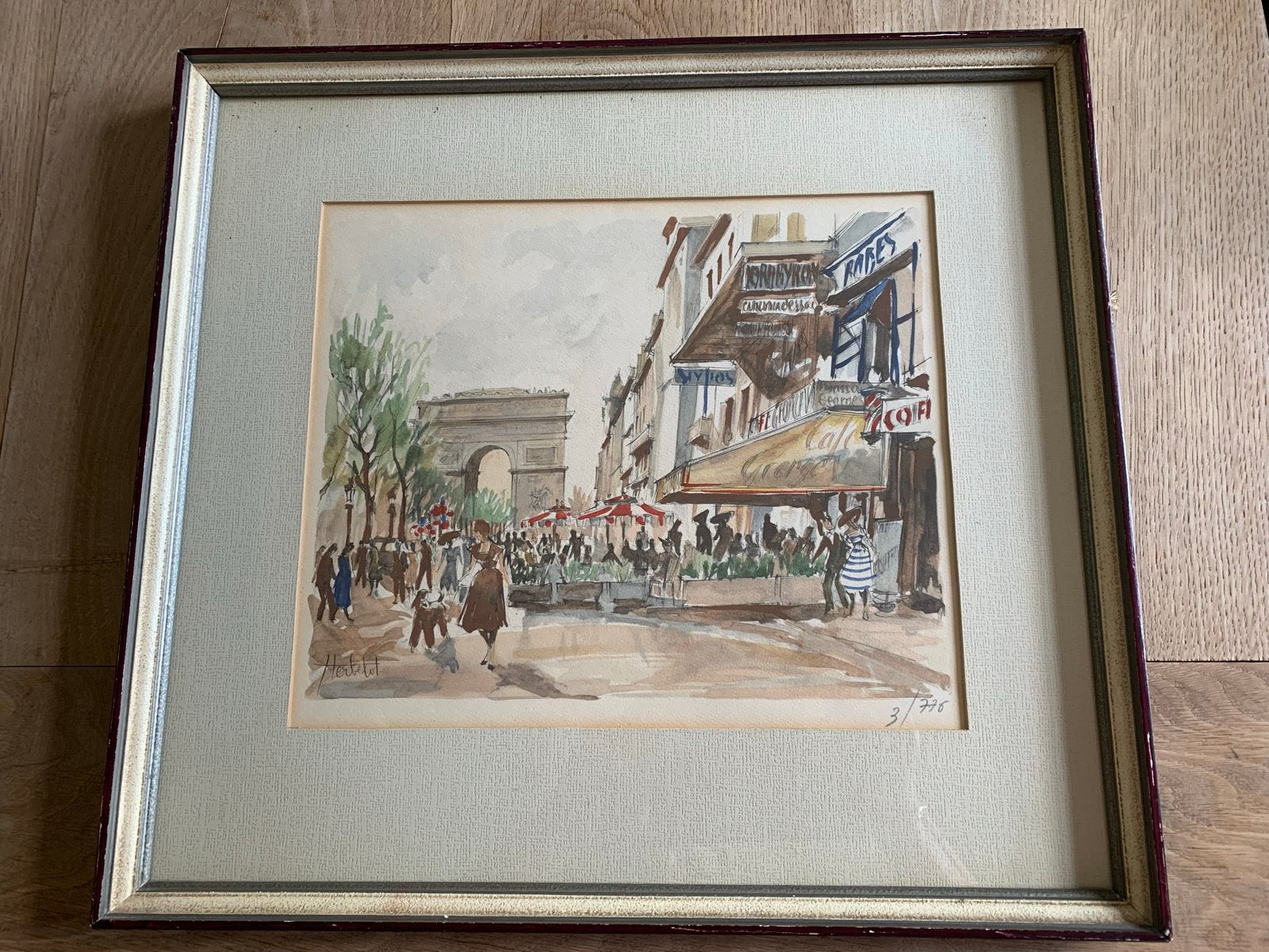 Herbelot - Litho Les Champs Elysées et l’Arc de Triomphe, Antiek en Kunst, Kunst | Litho's en Zeefdrukken, Ingelijst, Ophalen