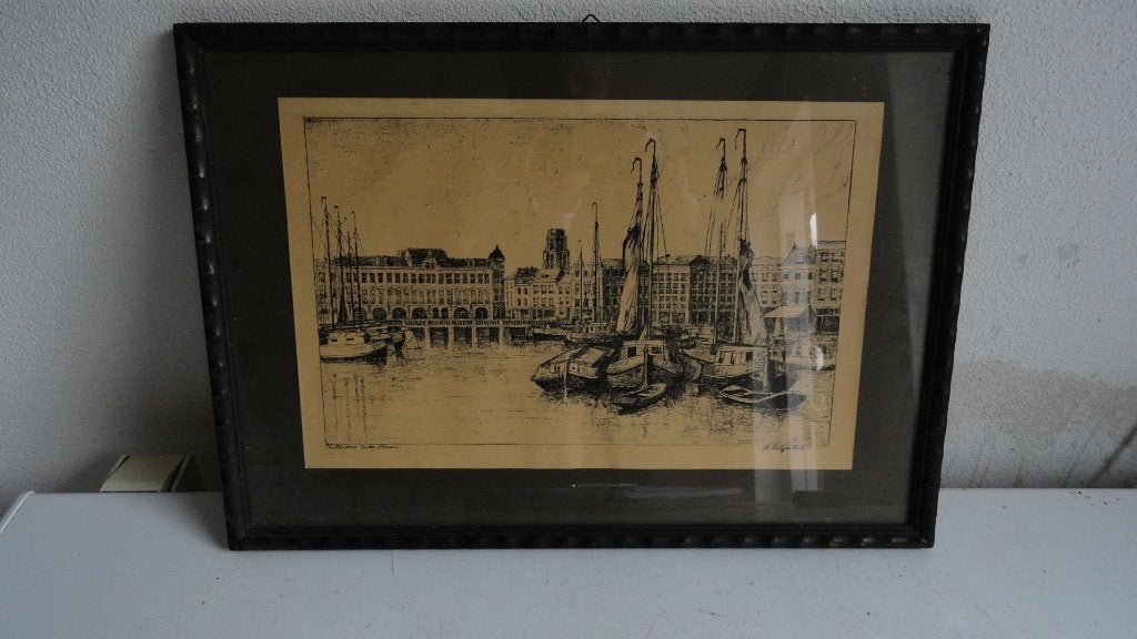 Originele Ets Rotterdam Oude Haven, H. Estgerbuh / Hubregtse, Antiek en Kunst, Ets, Stadsgezicht, Ophalen of Verzenden, 45 cm