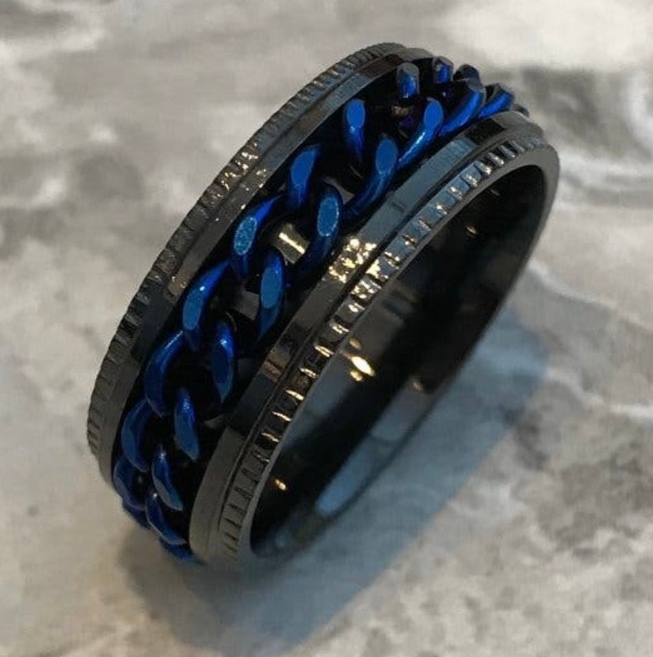 Spinner Ring Blauw Zwart Titanium massief maat 20 -NIEUW-, Overige materialen, 20 of groter, Blauw, Nieuw