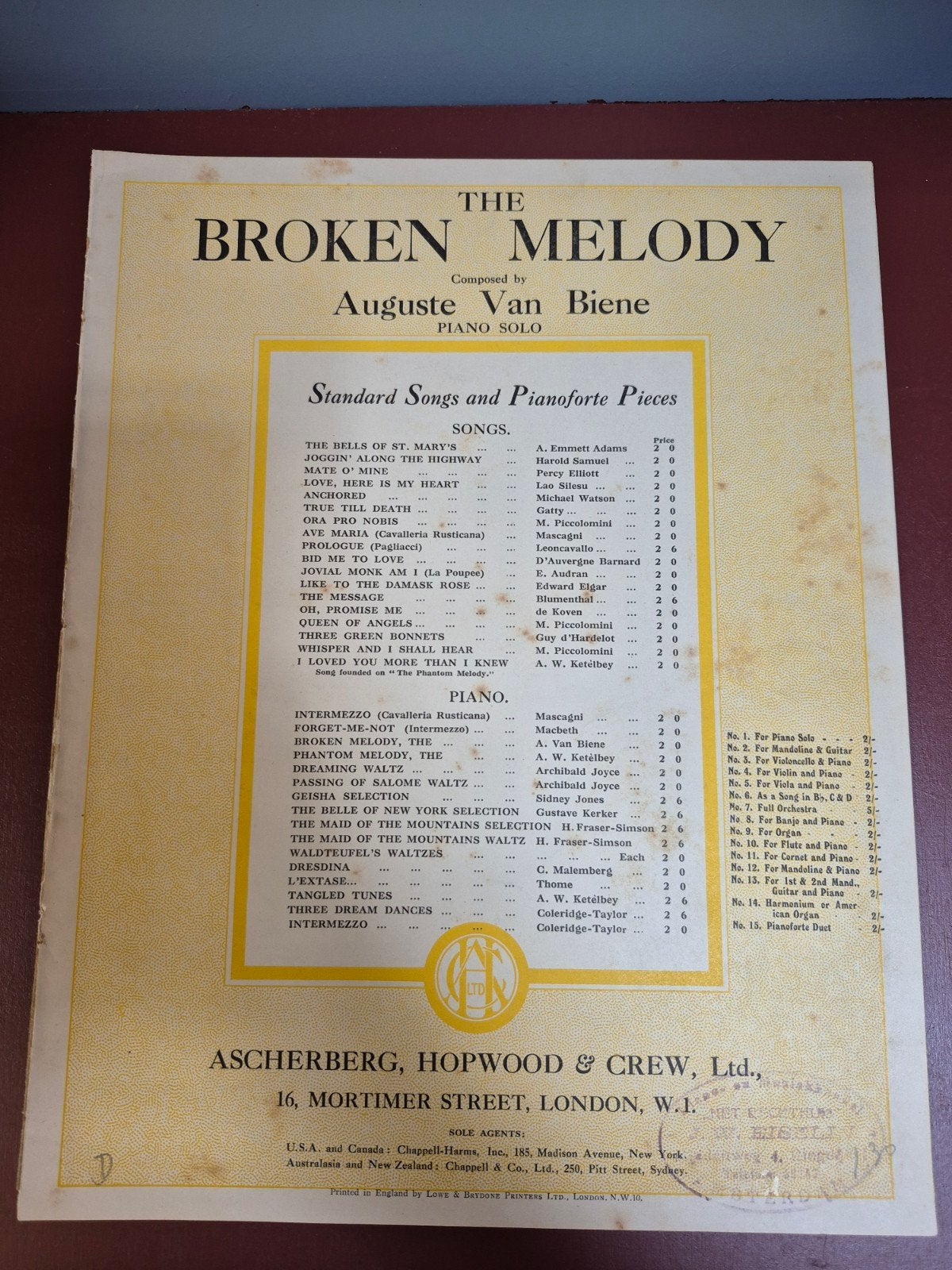 The Broken Melody - Auguste Van Biene - Piano Solo, Ophalen of Verzenden