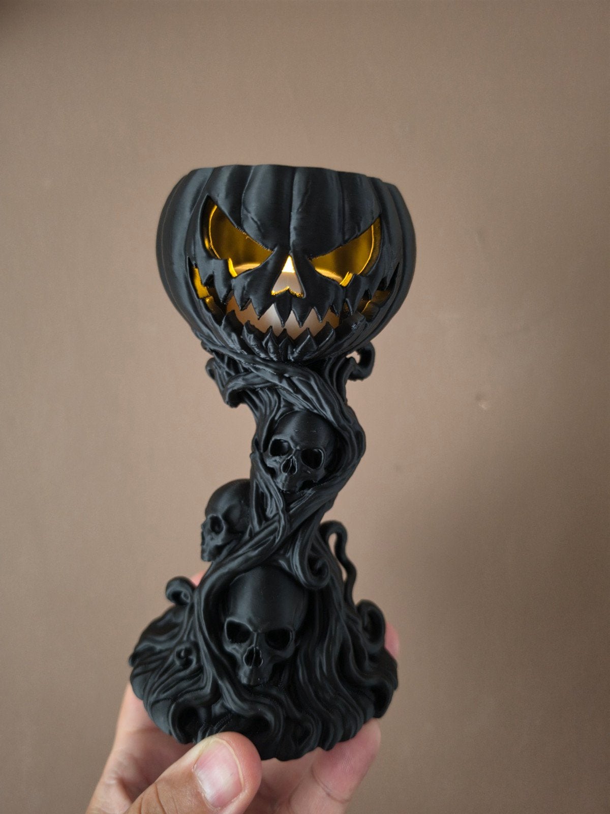 Halloween Pompoen Schedel Kaarsenhouder voor led waxinelicht, Kunststof, Zwart, Waxinelichthouder, Nieuw