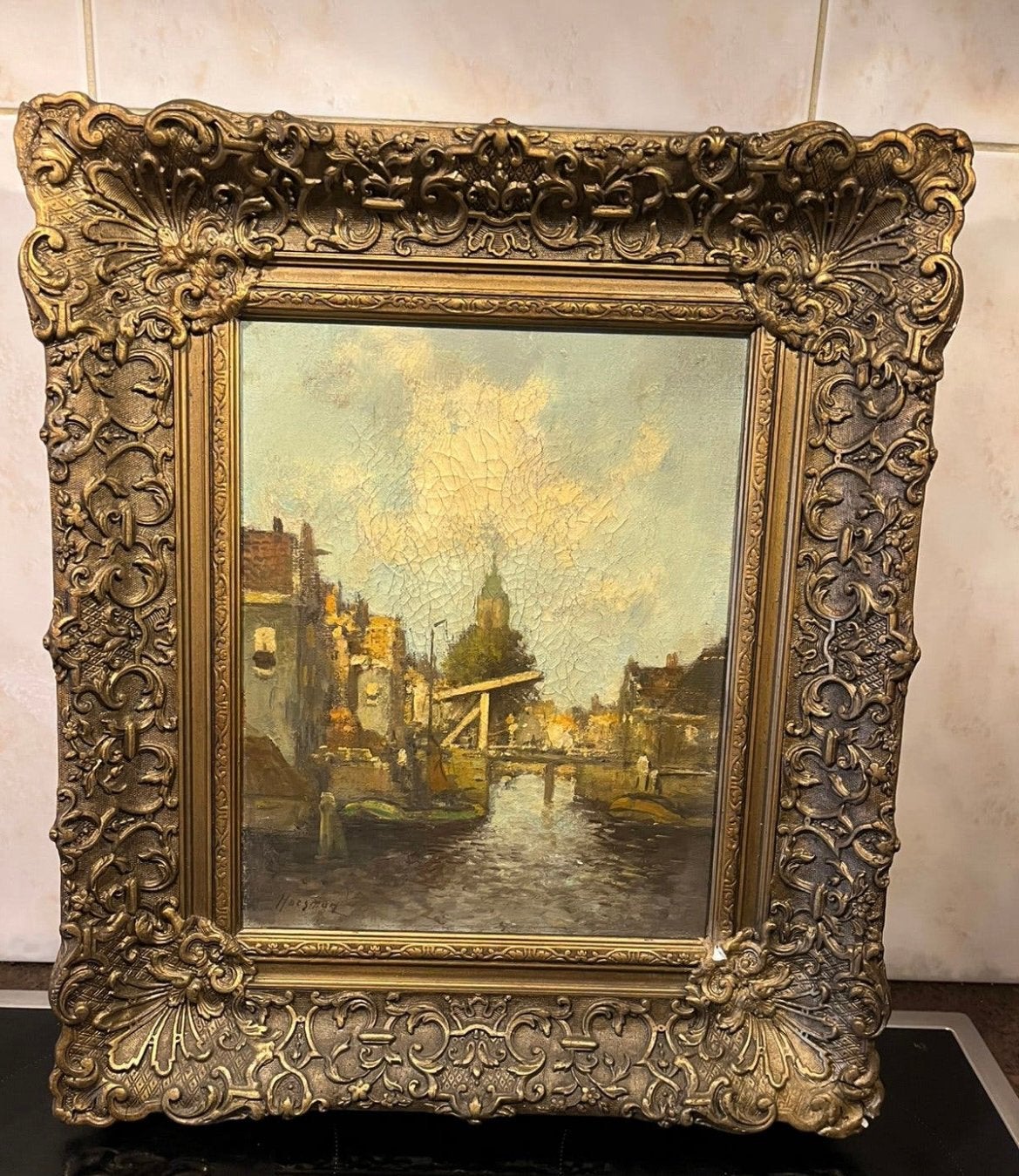 Hollands school antiek olieverf stadsgezicht, Ophalen