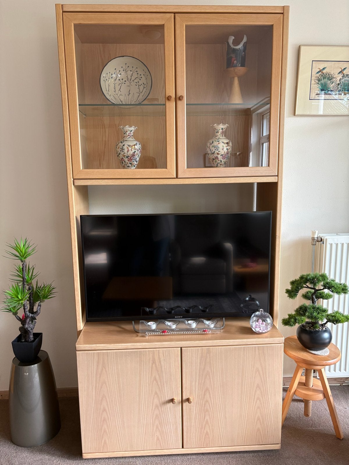 Stijlvolle TV-kast met vitrinekast - Licht hout, Ophalen, Gebruikt, 100 tot 150 cm, 150 tot 200 cm