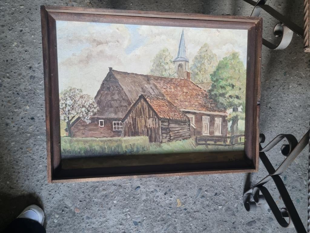 Schilderij van R. Zuiderweg - Dorpsgezicht met kerk, Ophalen of Verzenden