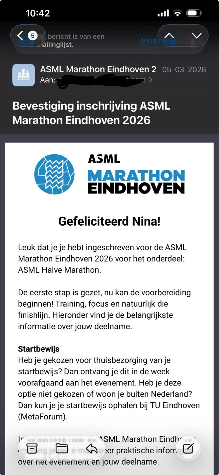 Startbewijs halve marathon Eindhoven, Ophalen of Verzenden, Nieuw, Overige typen, Overige merken