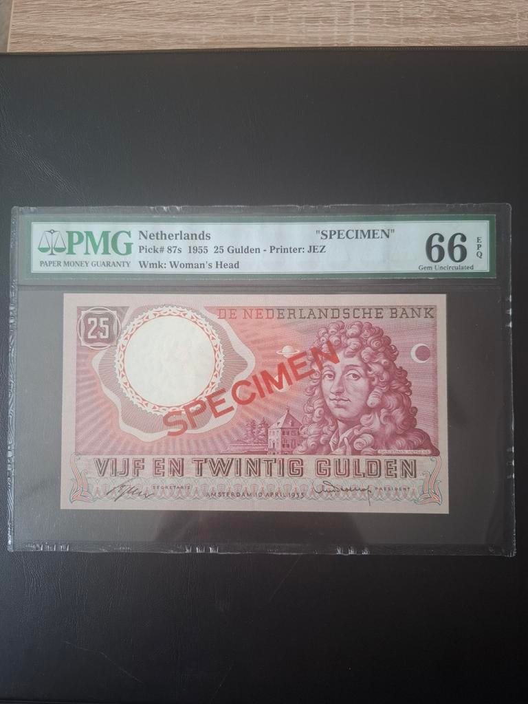 Bankbiljet 25 Gulden 1955 (Huygens) PMG66 "SPECIMEN"., Ophalen of Verzenden, 25 gulden, Los biljet