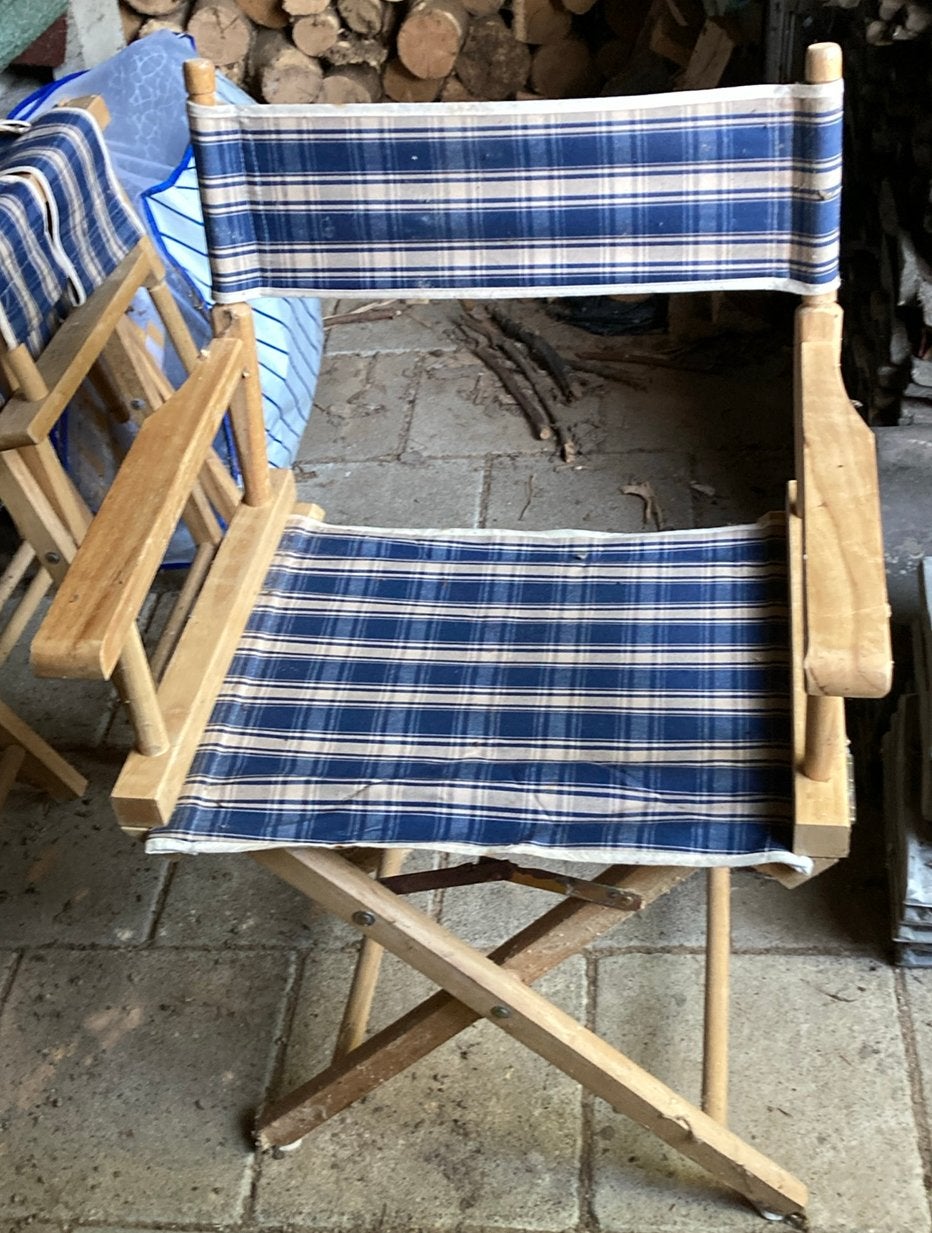 Set van 4 vintage houten klapstoelen met gestreepte stof, Ophalen of Verzenden