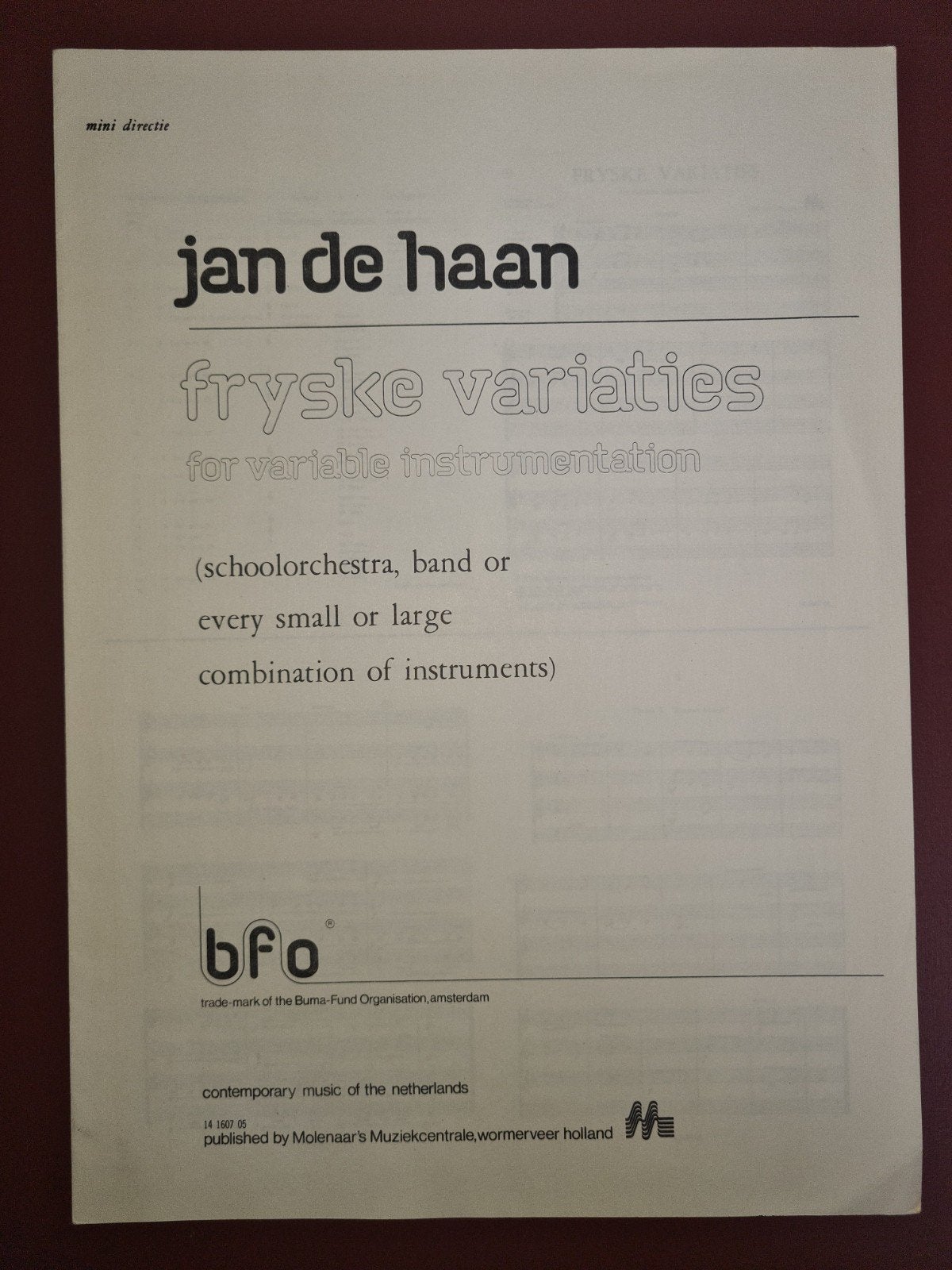 Jan de Haan - Fryske Variaties (schoolorkest/band), Gebruikt, Thema, Populair, Overige instrumenten