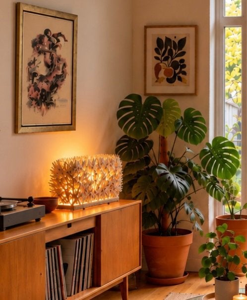 Vintage vloerlamp/tafellamp/zee-egel ‘matriaal;kokosnoot), Gebruikt, Natuurlijk materiaal, Minder dan 100 cm, Mid century Modern , organische,botanische vintage designstijl.