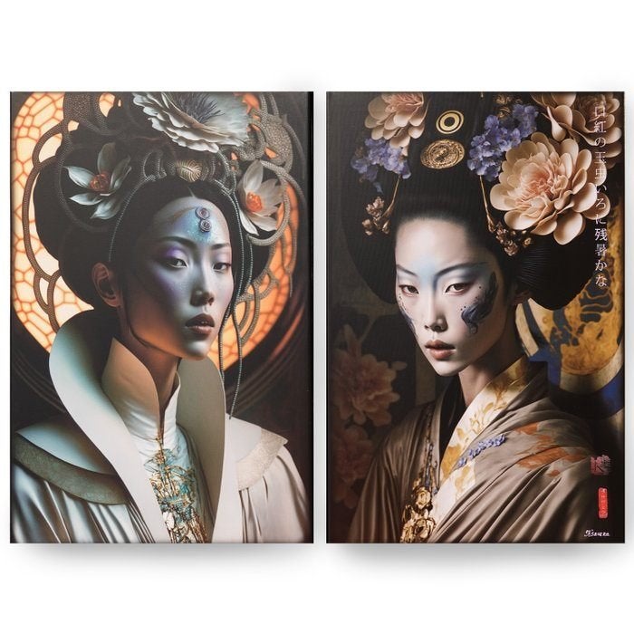 2 sierlijke Japanse meisjes in traditionele kledij, Antiek en Kunst, Kunst | Schilderijen | Klassiek, Origineel werk, Overige stijlen