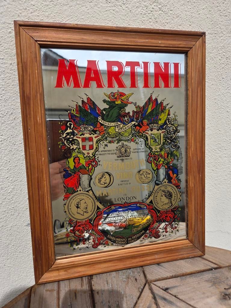Vintage Martini reclamespiegel in lijst., Ophalen of Verzenden, Gebruikt, Reclamebord