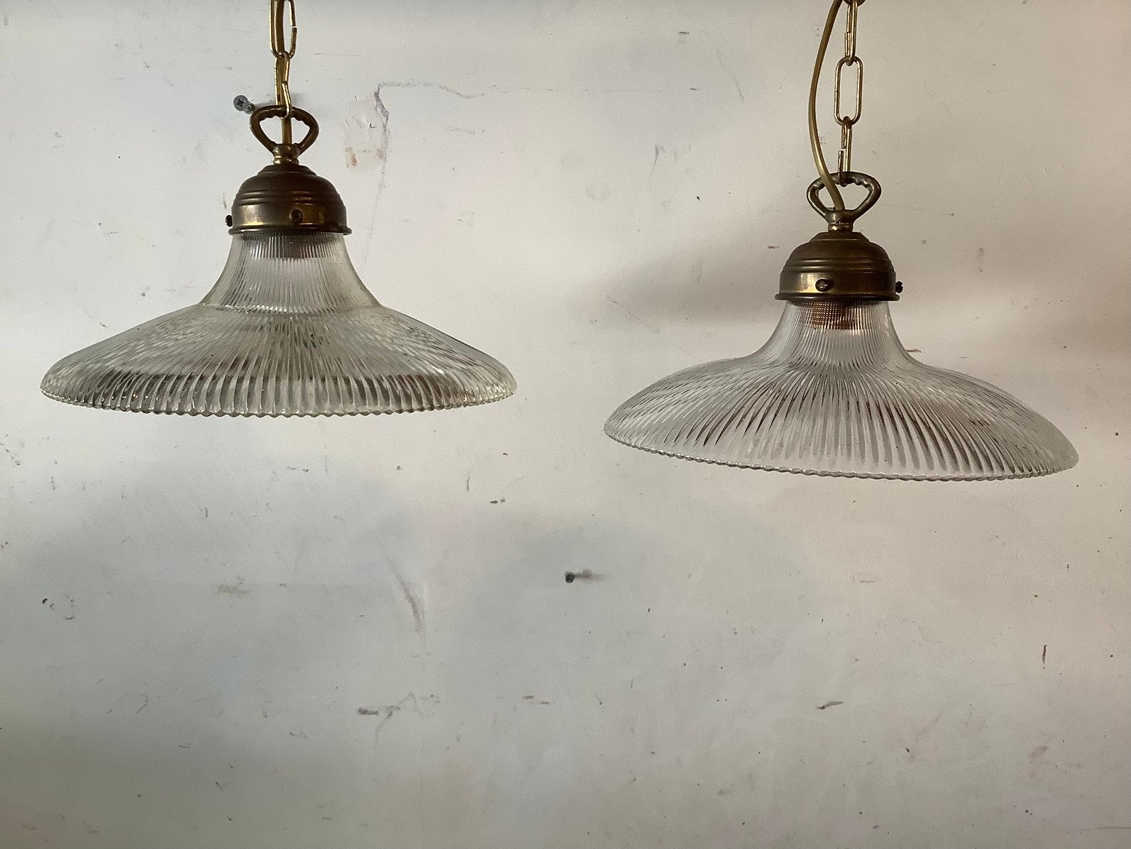2 holophane Art Deco hanglampen. Puntgaaf, Ophalen, Gebruikt, E27 (groot), Glas