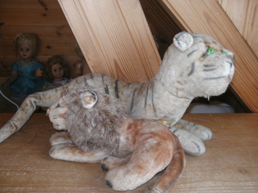 leeuw pluche met stro bruine trouwe honden ogen vintage, Ophalen of Verzenden