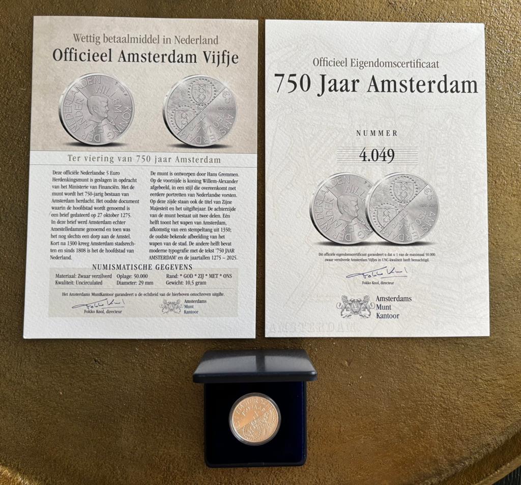 Unieke munt ter ere van 750 jarig bestaan Amsterdam, Postzegels en Munten, Munten | Nederland, Ophalen of Verzenden, Koningin Beatrix