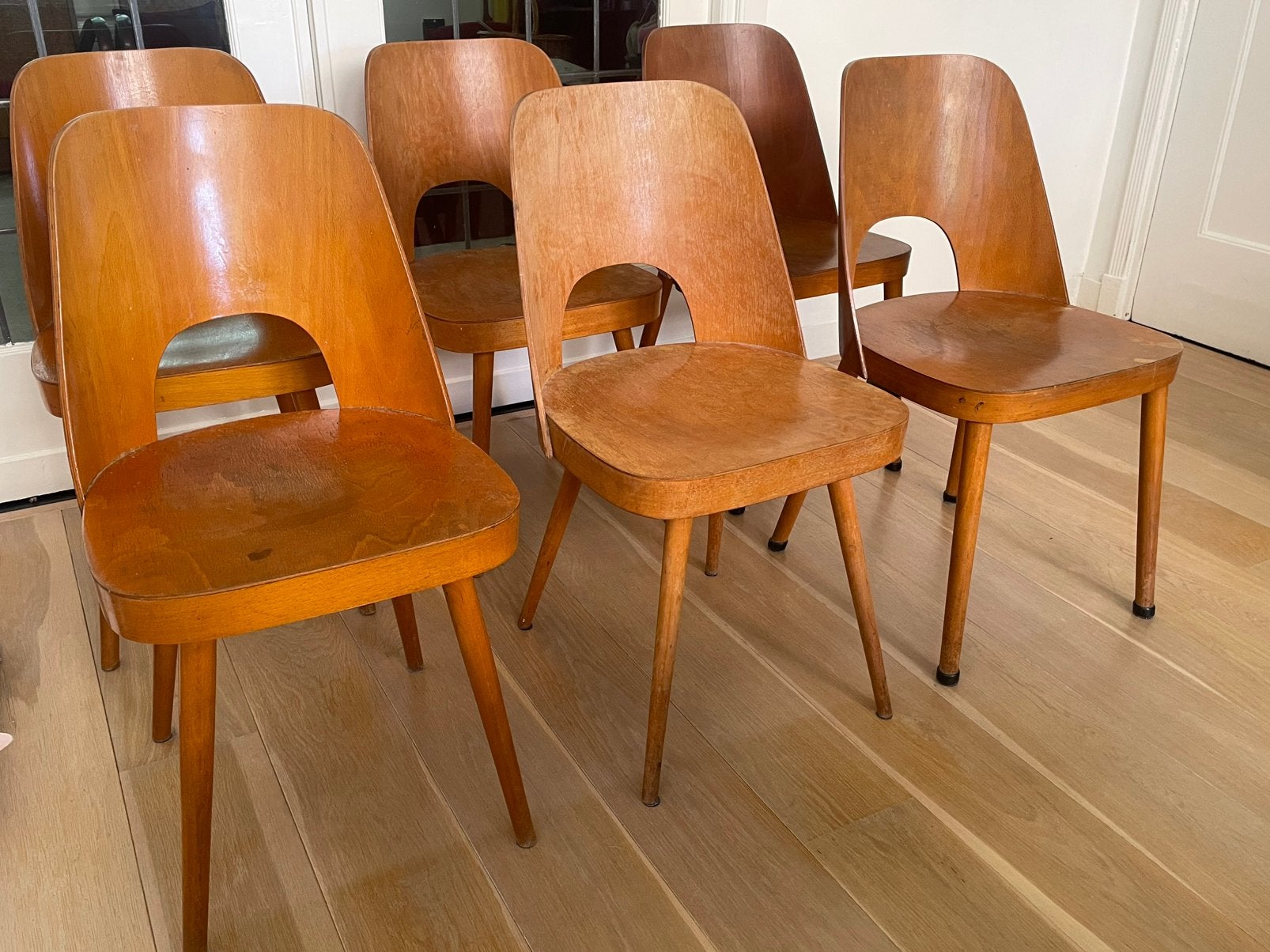 6 vintage Oswald Haerdtl Thonet stoelen, Ophalen, Gebruikt, Bruin, Vijf, Zes of meer stoelen