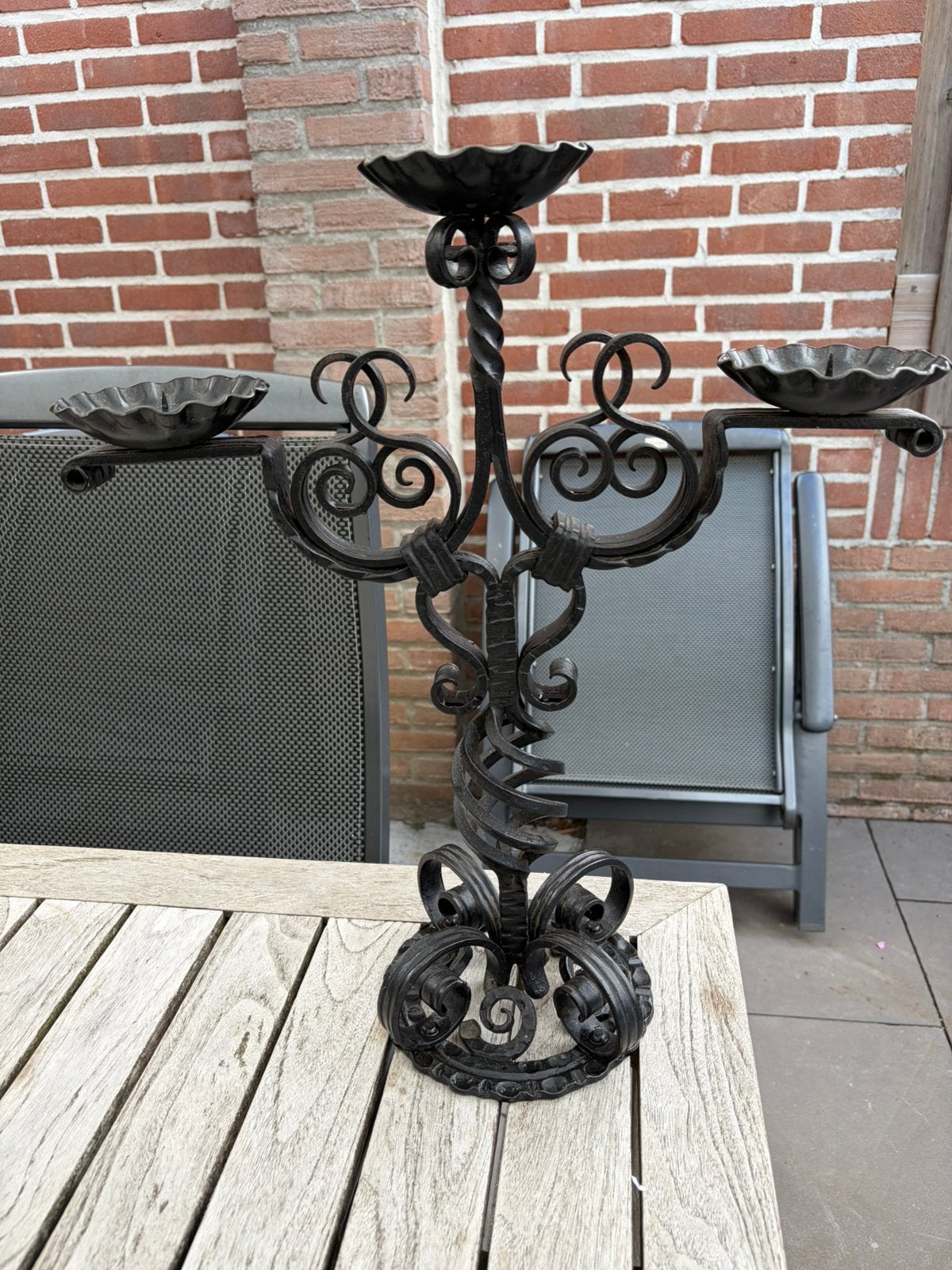 Prachtige handgesmede smeedijzeren 3-armige kandelaar, Ophalen of Verzenden, Overige materialen