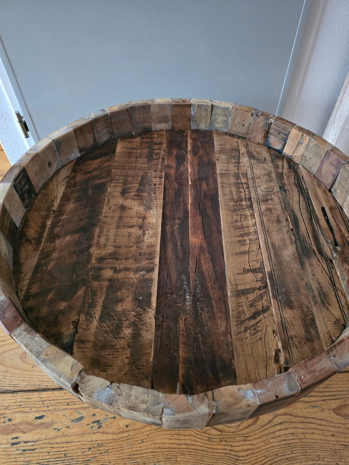 salontafel van gerecycled hout, Huis en Inrichting, Tafels | Salontafels, Gebruikt, 5 – 50, 50 tot 100 cm, 50 tot 100 cm, Rond
