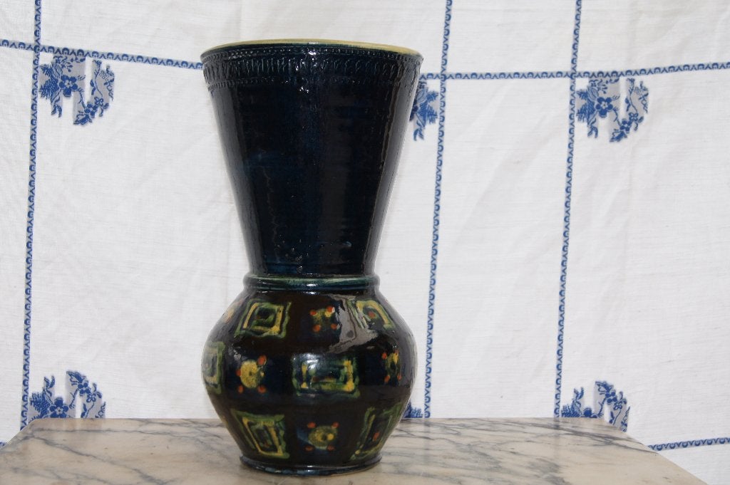 Unieke handgemaakte vaas met patroon, Huis en Inrichting, Woonaccessoires | Vazen, Gebruikt, Blauw, Steen/keramiek, Handgemaakt