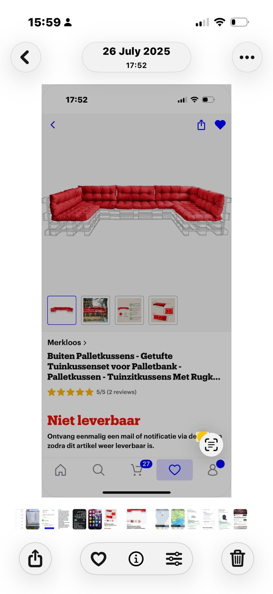 Pallet lounge set met rode kussens, Tuin en Terras, Tuinstoelen, Ophalen, Gebruikt, Hout