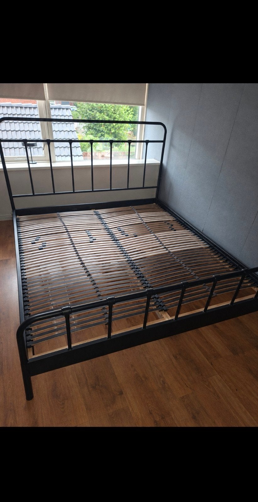 Zwart metalen tweepersoonsbed met lattenbodem, Ophalen, Gebruikt, Modern, Industrieel, Zwart