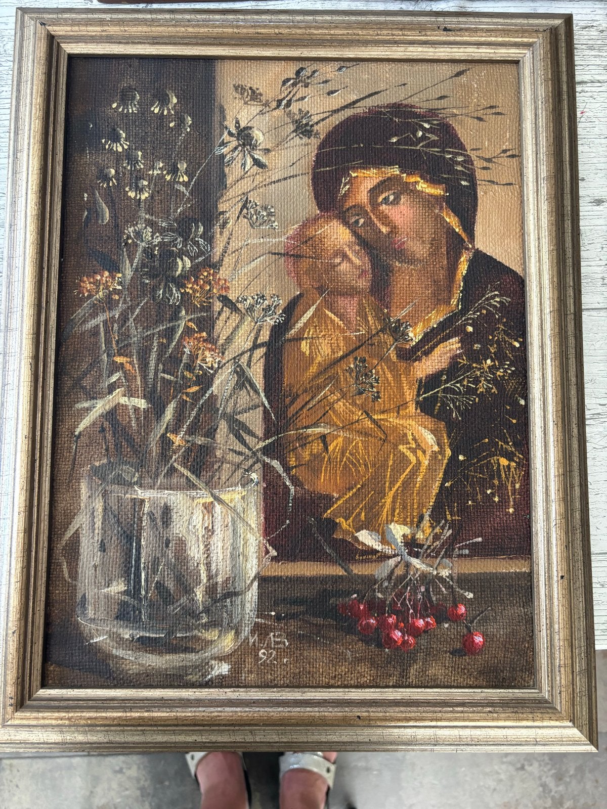 Olieverfschilderij: Moeder en kind met bloemen, gesigneerd, Ophalen, Doek, Portret of Personen, Realistisch