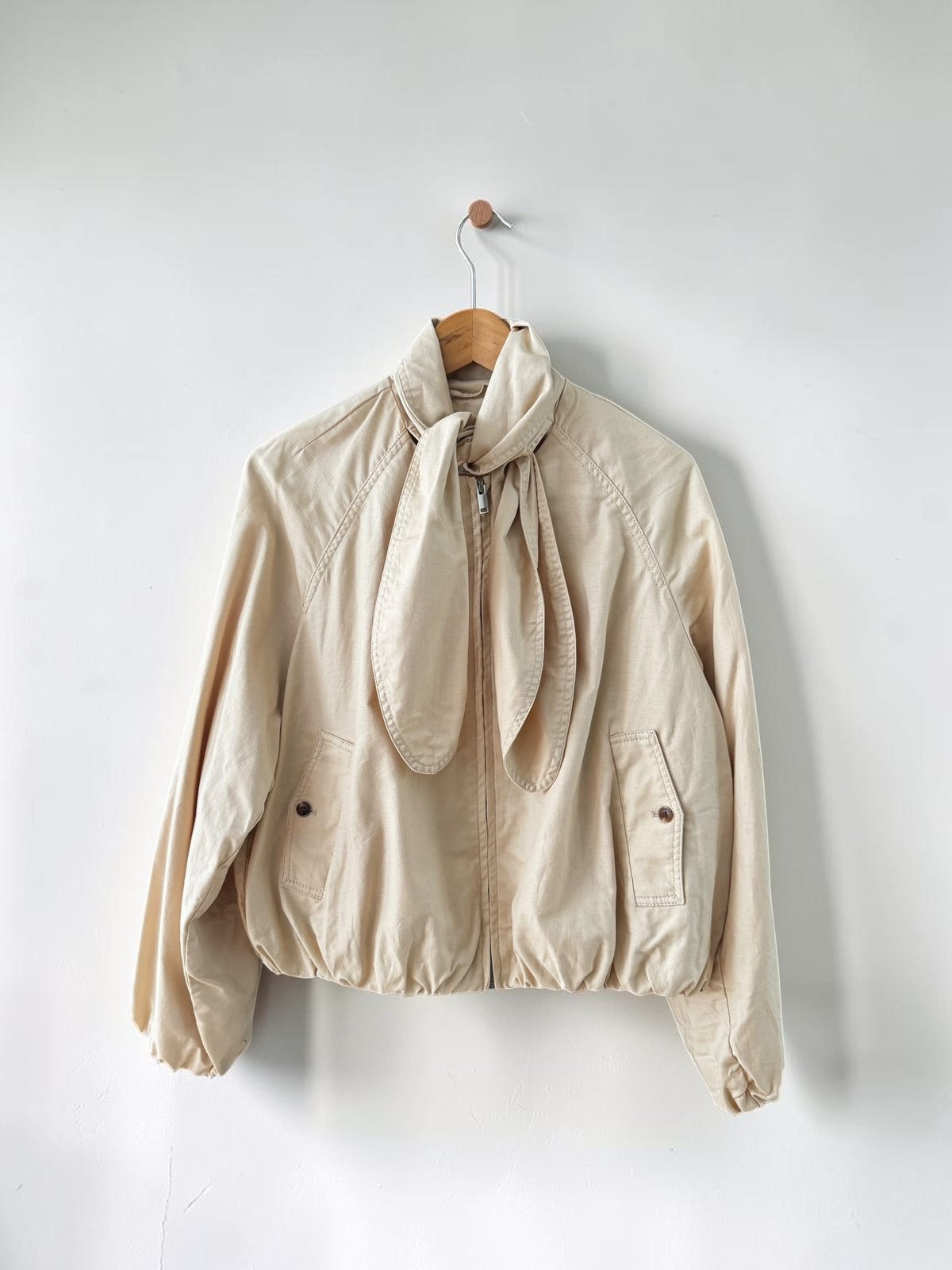 H&M linnenmix beige jas blazer sjaalkraag ballon M medium 38, Ophalen of Verzenden, Zo goed als nieuw, Maat 38/40 (M), Beige
