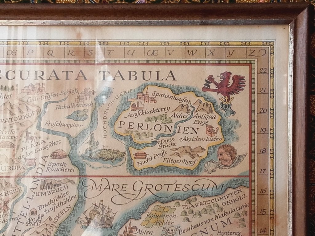 Mooie zeldzame fantasie landkaart uit Duitsland 68 cm., Antiek en Kunst, Ophalen, Lithografie, Kaarten en plattegronden, Ingelijst