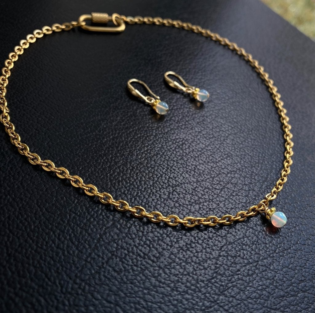 Set oorbellen ketting Natuurlijke Ethiopische opaal, Overige materialen, Hangers, Wit, Nieuw