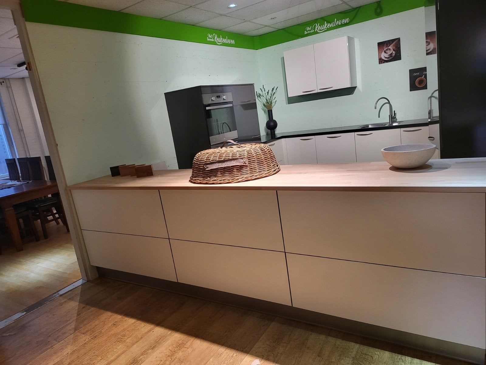 Modern minimalistisch keukenblok met houten blad en lades, Ophalen, Gebruikt, Wit, Enkelwandige keuken