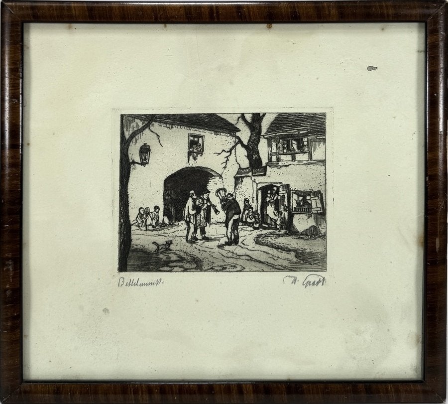 320. Ets, Herman Gradl – "Bettelmusik", ca. 1920, Antiek en Kunst, Ophalen, Dagelijks leven, Ingelijst, Ets