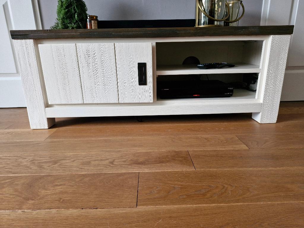 TV kast hout Deaumain wit/bruin, Ophalen, Gebruikt, 100 tot 150 cm, Minder dan 100 cm