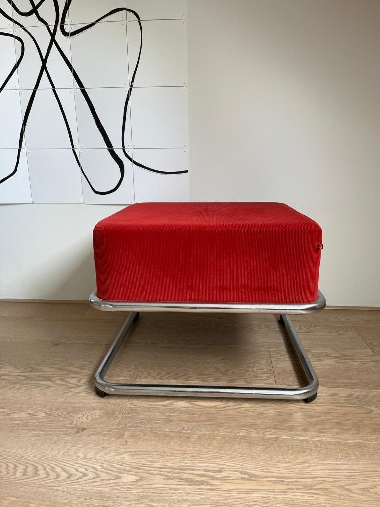 GISPEN voetenbankje, rood rib fluweel, Ophalen, Klassiek, Zo goed als nieuw, 50 tot 75 cm