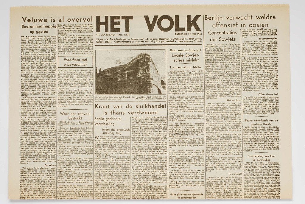 Het Volk 22 mei 1943 herdruk krant Tweede Wereldoorlog, Zo goed als nieuw, Verzenden, Amsterdam, Overige soorten