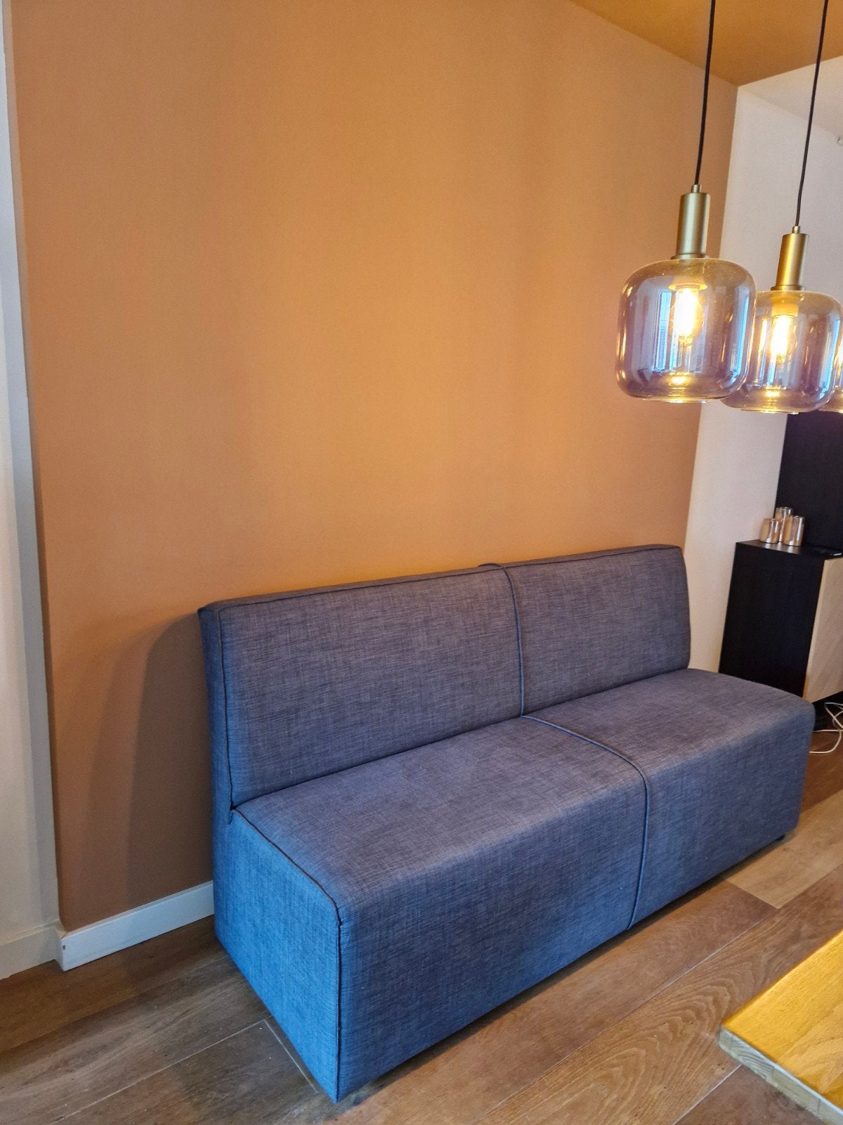 Moderne stoffen eetbank en twee stoelen, grijs, Ophalen, Gebruikt, Minder dan 75 cm, 150 tot 200 cm