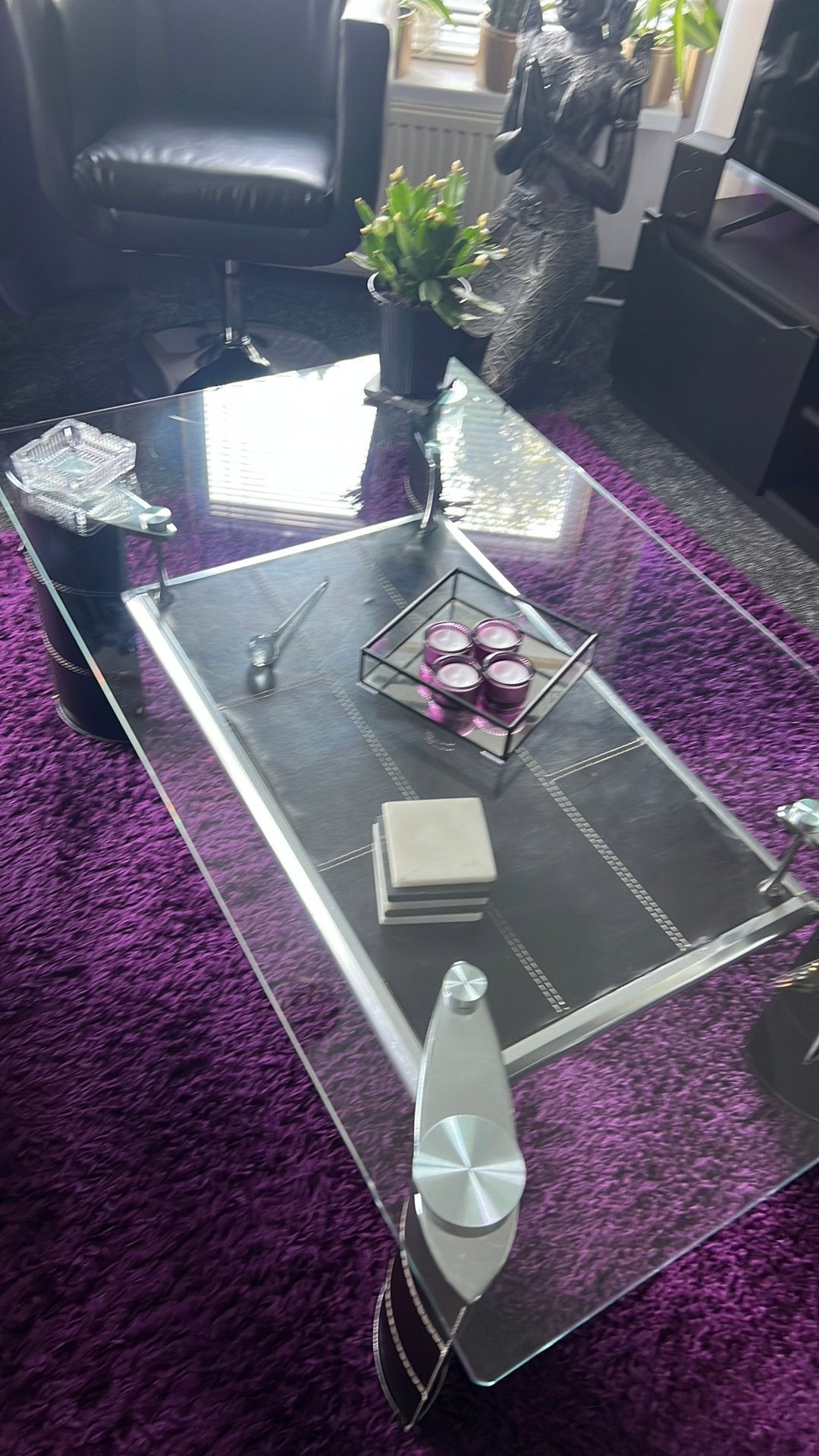 Glazen salontafel met leer. Is gebruikt, dus niet nieuw!, Ophalen, Gebruikt, 100 tot 150 cm, Glas