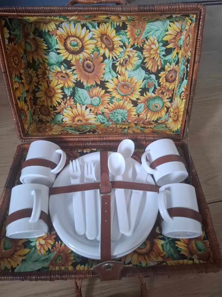 Vintage Picknickmand met Servies - Zonnebloem Design, Ophalen, Gebruikt