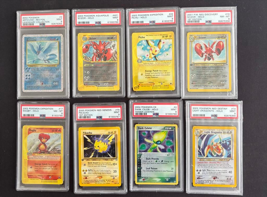 8x PSA Graded Pokémon Kaarten - Holo & Reverse Holo, Ophalen of Verzenden, Zo goed als nieuw, Meerdere kaarten, Foil