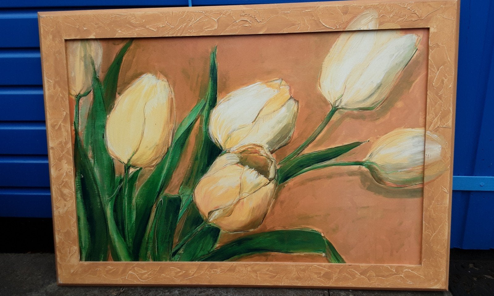 Schilderij met gele tulpen - 80 x 115 cm, Ophalen, Olieverf, Bloemen, Op houten frame