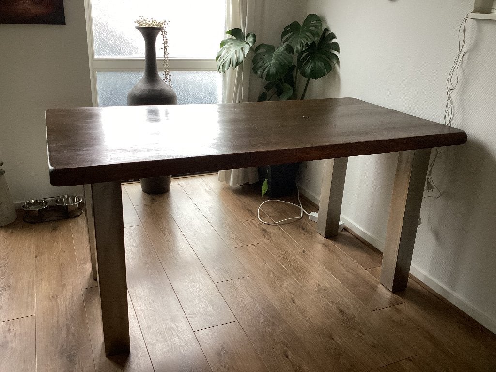 Eettafel met 4 RVS ijzer stalen poten, Ophalen, Gebruikt, Modern - landelijk, 50 tot 100 cm
