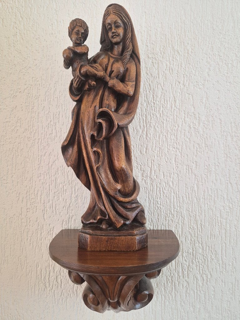 Heilige Maagd Maria & Jesus op consool houtsnijwerk, Ophalen of Verzenden, Zo goed als nieuw, Beeld(je), Christendom | Katholiek